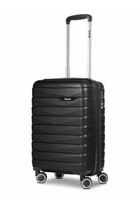 Maleta rígida negra con un patrón en zigzag, mango retráctil de aluminio y cuatro ruedas giratorias para una fácil movilidad.