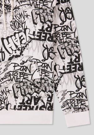 Felpa con cappuccio bianca con stampa graffiti nera, caratterizzata da vari testi e grafica, con polsini e orlo a coste.