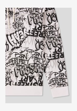Felpa con cappuccio bianca con stampa graffiti nera, caratterizzata da vari testi e grafica, con polsini e orlo a coste.