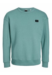 Felpa di un leggero color teal realizzata in tessuto morbido. Presenta un collo rotondo, polsini a coste e una piccola etichetta nera del marchio sulla parte anteriore sinistra.