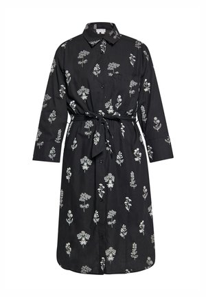 Schwarzes Hemdkleid aus Stoff mit Kragen, Knopfleiste und langen Ärmeln. Hat weiße Blumenmuster und eine gebundene Taille.