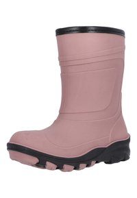 Botte en caoutchouc rose avec un haut bord noir, corps profilé, semelle texturée et détails striés sur les côtés pour une prise.