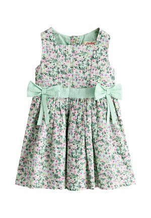 Ärmelloses pastellgrünes und rosa geblümtes Mädchenkleid mit zwei großen Stoffschleifen in der Taille und einem gerafften Rock.