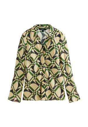 Long-sleeve button-up shirt in lightweight fabric featuring a geometric pattern of green and black on a cream background.