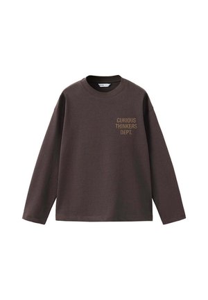 Brown long-sleeve crewneck shirt with text "CURIOUS THINKERS DEPT." printed in small letters on the left chest.