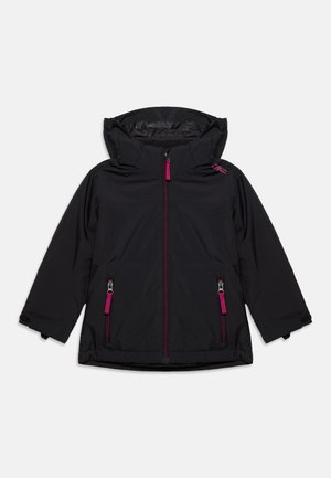 Veste noire à capuche avec tirettes de fermeture éclair roses sur le devant et les poches, manches longues et col haut.