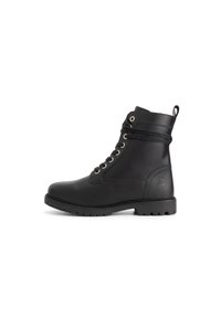 Black leather ankle boot with a round toe, lace-up front, metal eyelets, and a textured rubber sole. Notable logo on the heel.
