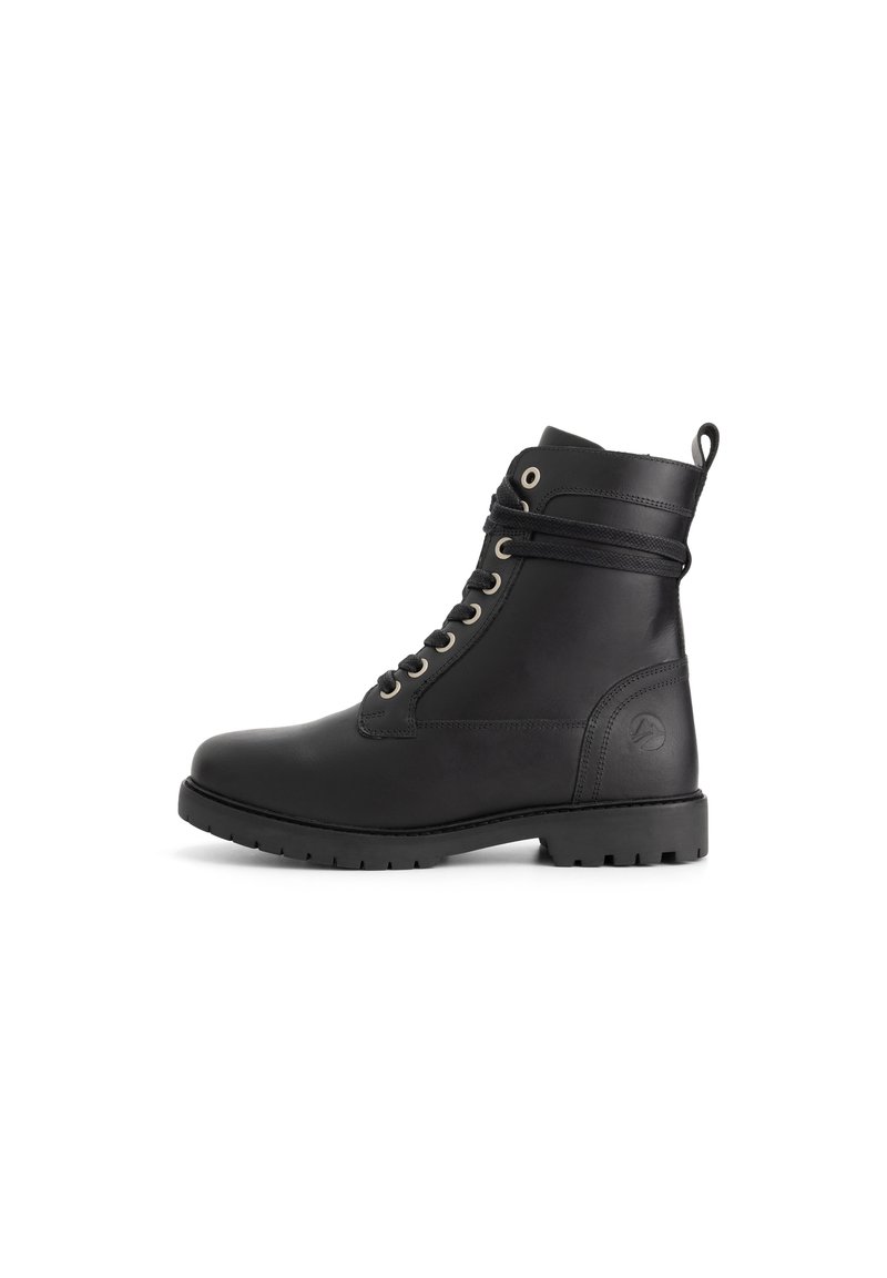 Black leather ankle boot with a round toe, lace-up front, metal eyelets, and a textured rubber sole. Notable logo on the heel.
