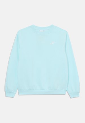 Light blue crewneck sweatshirt with long sleeves, ribbed cuffs and hem, and small white Nike logo on the chest.