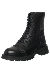 Sort ankelstøvle lavet af læder med en glat overflade, snøredesign, rund tå og en robust gummisål med dybe riller.