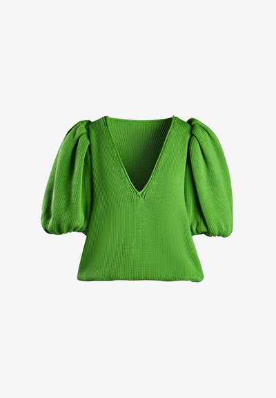 Groen gebreid trui-top met een V-hals, pofmouwen, gestructureerde stof en een getailleerde taille. Heeft een glad, gelijkmatig breipatroon.