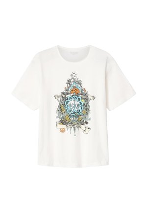 White short-sleeve t-shirt with colorful intricate floral and abstract design featuring a skeleton, flowers, peace symbol, and "send a postcard" text.