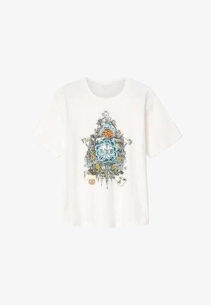 White short-sleeve t-shirt with colorful intricate floral and abstract design featuring a skeleton, flowers, peace symbol, and "send a postcard" text.
