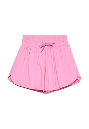 Pantaloncini rosa con vita elastica arricciata e dettaglio con fiocco. Design svasato con tessuto liscio e spacco laterale per facilitare il movimento.