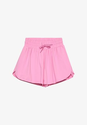 Rosa Shorts mit gerafftem, elastischem Bund und einer Schleifenverzierung. Ausgestelltes Design mit glatter Textur und Seitenschlitzen für Bewegungsfreiheit.