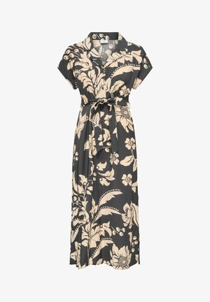 Musterniga musta lillemustriga kleit, millel on krae ja lühikesed varrukad, beezid lillemustrid, taljes lips ja keskmise pikkusega ääre.