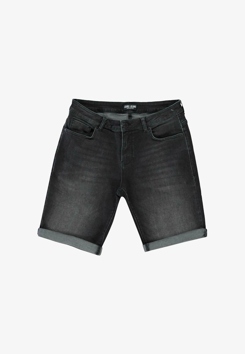 Zwarte denimshorts met een licht vervaagde afwerking, voorzien van opgerolde manchetten, zijzakken en een knoopsluiting. Etiket zichtbaar bij de taille.