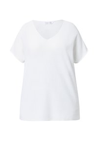 T-shirt bianca a V, maniche corte, realizzata in tessuto morbido. Vestibilità rilassata con texture liscia, design minimale e senza motivi o accenti visibili.