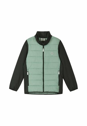Giacca trapuntata verde chiaro sul davanti con maniche e lati neri, cerniera frontale integrale, due tasche laterali con cerniera e colletto alla coreana.