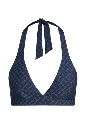 Granatowy top bikini na szyję z jasnoniebieskim wzorem z okrągłych ogniw łańcucha i wiązaniem przy szyi.