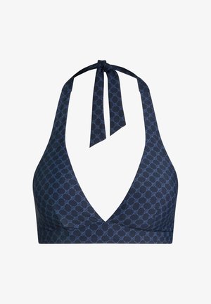Navyblauwe halter-bikinibovenkant met lichtblauw cirkelkettingpatroon en striksluiting bij de nek.