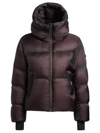 Puffer jacket in deep burgundy, featuring a high collar, zip closure, two side pockets, and ribbed cuffs. The texture is smooth with a shiny finish.