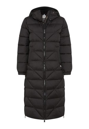 Cappotto invernale lungo, nero, trapuntato, con cappuccio, chiusura frontale con zip, tasche laterali e polsini elasticizzati, progettato per il freddo.
