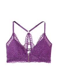 Bralette in pizzo viola con motivi floreali, spalline regolabili e schiena a occhio di bue con dettaglio centrale in oro.