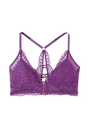 Bralette in pizzo viola con motivi floreali, spalline regolabili e schiena a occhio di bue con dettaglio centrale in oro.