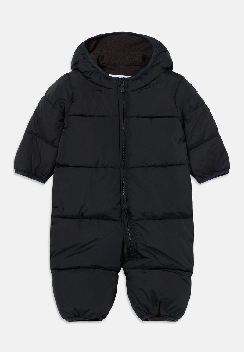 Combinaison de neige rembourrée noire pour bébé avec capuche et fermeture éclair frontale, conçue pour apporter chaleur et protection corporelle totale par temps froid.