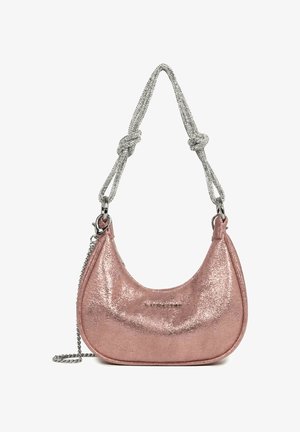 Shiny rose gold crescent handbag with metallic texture, featuring a silver knotted rope handle and a detachable silver chain strap.