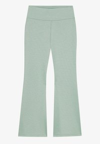 Leggings évasés de couleur vert menthe clair, fabriqués en tissu extensible, avec une large ceinture et un motif texturé.