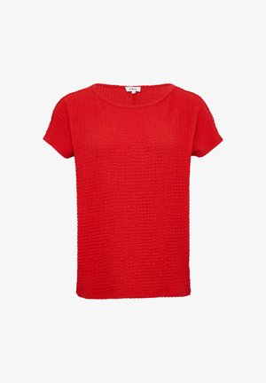Punane lühikeste varrukatega T-särk, millel on tekstuuriga ribakanga valmistus, ümmargune kaelus ja lõdva istuvus.