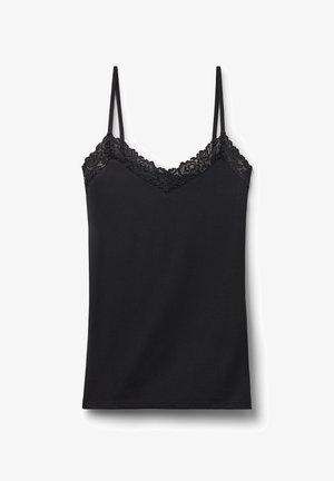 Schwarzes Spaghettiträgershirt mit dünnen verstellbaren Trägern und Spitzenbesatz entlang des Ausschnitts. Weicher Stoff, figurbetontes Design und V-Ausschnitt.