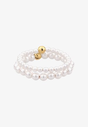 Bracelet double rangée de perles blanches avec des perles de tailles variées et deux petites perles dorées brillantes en accents.