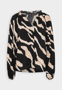 Blusa nera con motivo a strisce beige di tigre, maniche lunghe, scollo arricciato e vestibilità ampia; texture liscia e tessuto morbido.