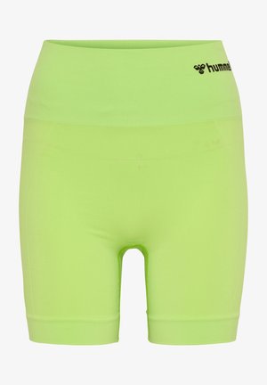 Gröna sportshorts med hög elastisk midja. Slät textur, åtsittande design, med en logotyp på midjan och en längd till mitten av låret.
