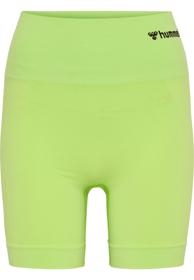Gröna sportshorts med hög elastisk midja. Slät textur, åtsittande design, med en logotyp på midjan och en längd till mitten av låret.
