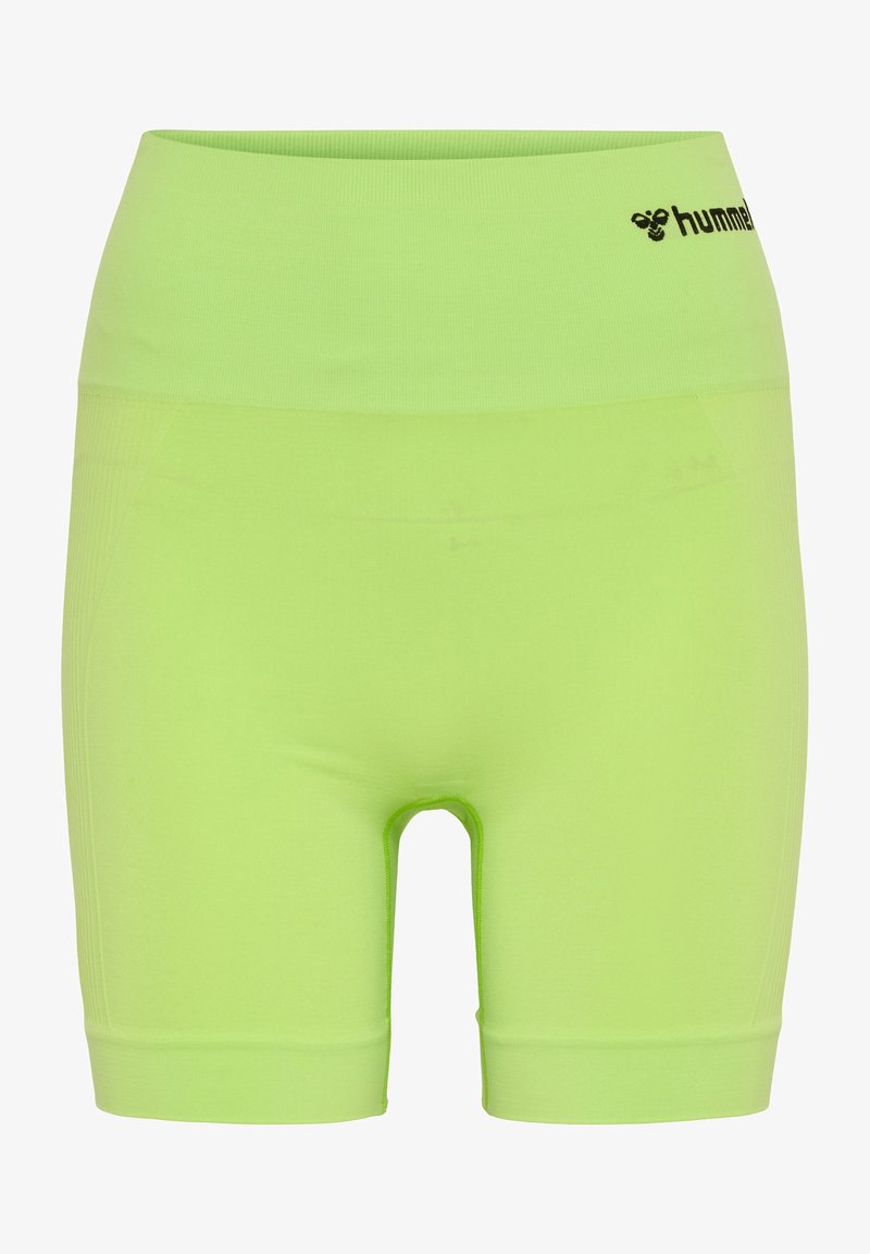 Gröna sportshorts med hög elastisk midja. Slät textur, åtsittande design, med en logotyp på midjan och en längd till mitten av låret.