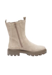 Beige suede ankle boot with a side zipper, chunky brown sole, subtle stitching details, and two loop tabs on the shaft for easy wear.