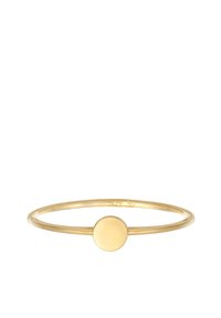 Guldmetal bangle-armbånd med en glat cirkulær accent i midten, med en poleret overflade og et tyndt, afrundet bånd.