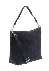 Borsa a tracolla nera in suede con un motivo a diamante testurizzato, dotata di una tracolla staccabile e dettagli in metallo argentato.