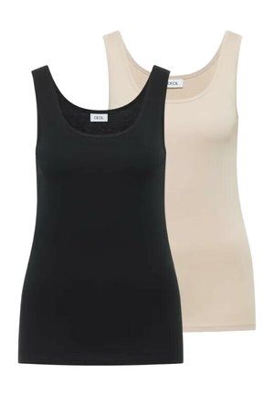 Sort og beige ærmeløse tanktoppe med rund hals, tætsiddende pasform, lagt fladt med mærkeetiketter synlige indeni halsudskæringerne.