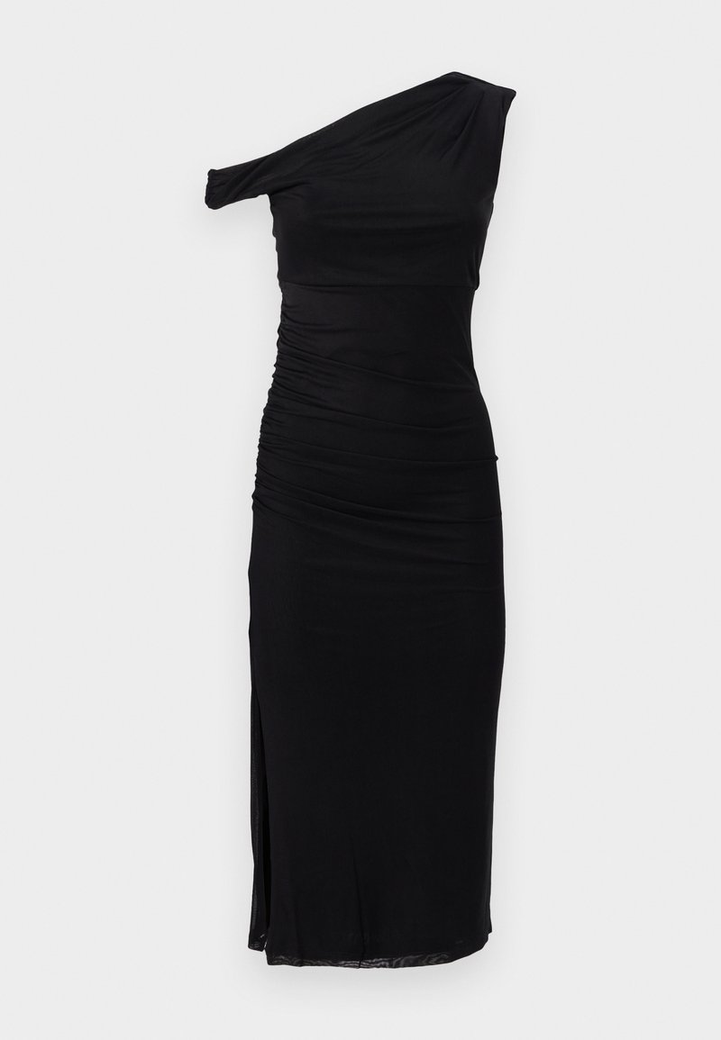 Zwarte one-shoulder jurk met rouche-detail, slim fit, knie-lengte en een zijsplit, gemaakt van zachte, rekbare stof.