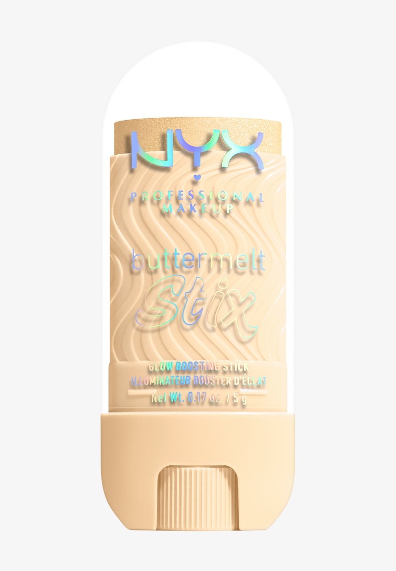 NYX Buttermelt Stix en format bâton beige avec des ondulations texturées, un capuchon doré, des accents holographiques, étiqueté comme un bâton illuminateur, 0,17 oz.