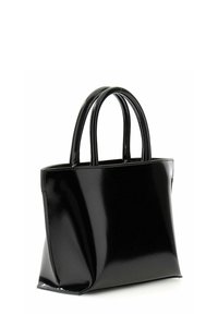 Sac fourre-tout en cuir verni noir à la texture lisse, forme structurée, et deux poignées courtes. Présente un design minimaliste sans ornements.