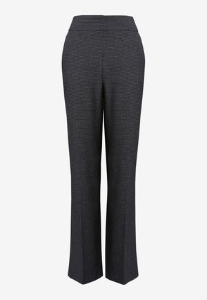 Pantalon gris foncé à jambes larges avec motif pied-de-poule subtil, taille haute et pli marqué à l'avant.