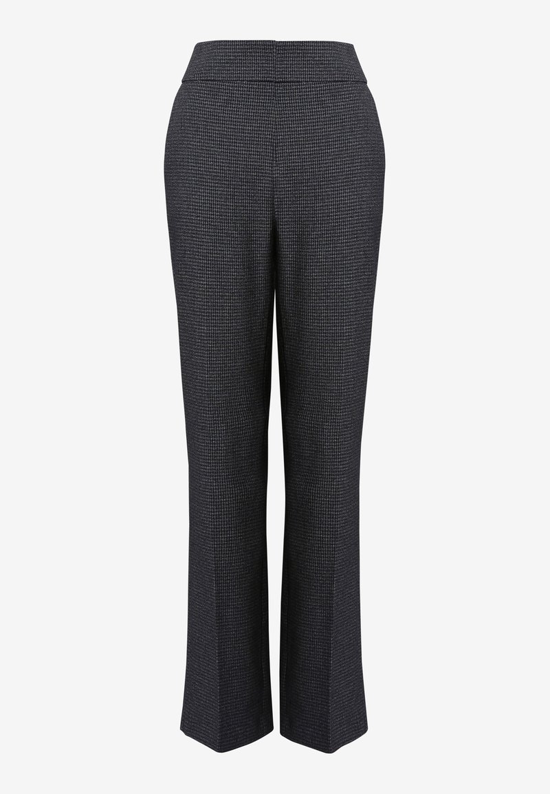 Pantalon gris foncé à jambes larges avec motif pied-de-poule subtil, taille haute et pli marqué à l'avant.
