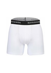 Weiße Boxer-Shorts aus glattem Stoff; mit einem schwarzen Elastikbund, der das Logo "SCOTCH & SODA" trägt. Einfaches und figurbetontes Design.