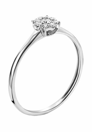 Verlobungsring aus Weißgold mit einem runden Cluster aus klaren Diamanten, ausgestattet mit einem glatten, polierten Band und einer sechspitzigen Fassung.